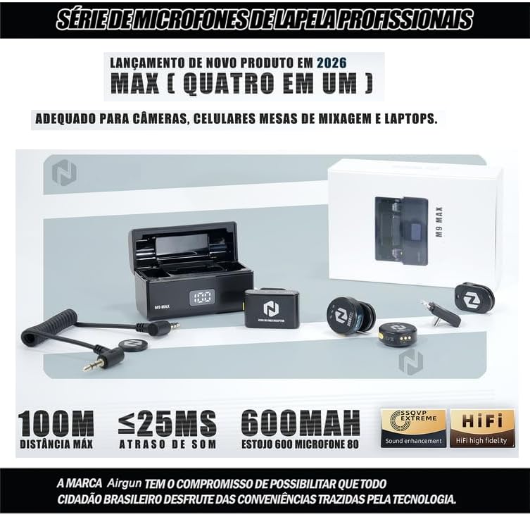 Microfone Lapela Sem Fio Magnético Completo m9 Max para YouTube, TikTok, Podcast e Vlogs