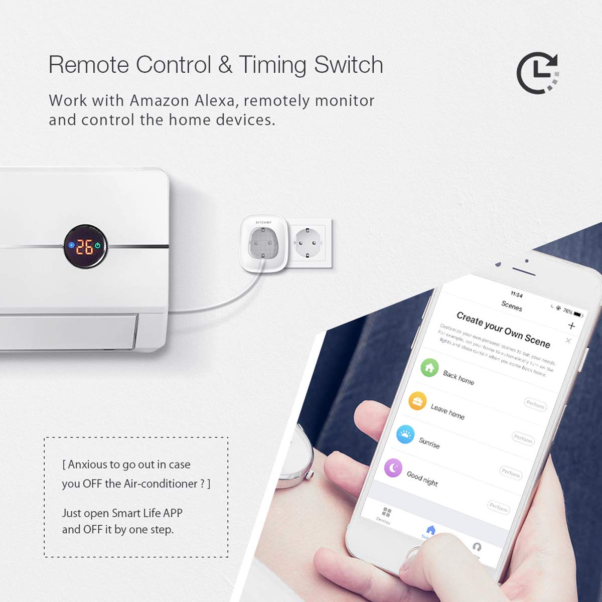 Wifi Steckdose, BlitzWolf Smart Stecker Intelligente WLAN Home Steckdose Kein Hub Erforderlich + App Steuerung mit Timing Funktion Kompatibel mit Amazon Alexa, Google Home und IFTTT [1 Pack]