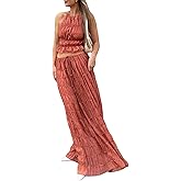 LETSVDO Skirt Sets Women 2 Piece Outfits Backless Halter Top And Pleated Ruffle Flowy Maxi Skirts Y2k Beach Vacation Set