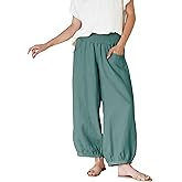 Xiaoxuemeng Womens Wide Leg Pants Cotton Linen Barrel Pants Elastic Waisted Lounge Trousers with Pockets