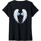 Womens White Angel Wings Graphic On the Back V-Neck T-Shirt