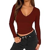 TiulZial Long Sleeve Shirt for Women V Neck Going Out Top Double Lined Tight T Shirts