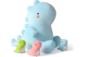 Onsoyours Mommy Dinosaur Stuffed Animal with 3 Dino in her Tummy, 4 Piece Cute Dinosaur Plush Pillow Toys for Kids Girls Boys (Blue Family)