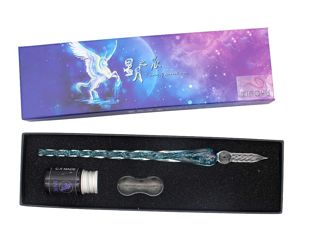 XIAOYU Luminous Glass Dip Pen Set, 3 Pcs Starry Sky Calligraphy Pen Set - 1 Crystal Glass Dip Pen, 1 Pen Holder, 1 Ink - Ice Blue