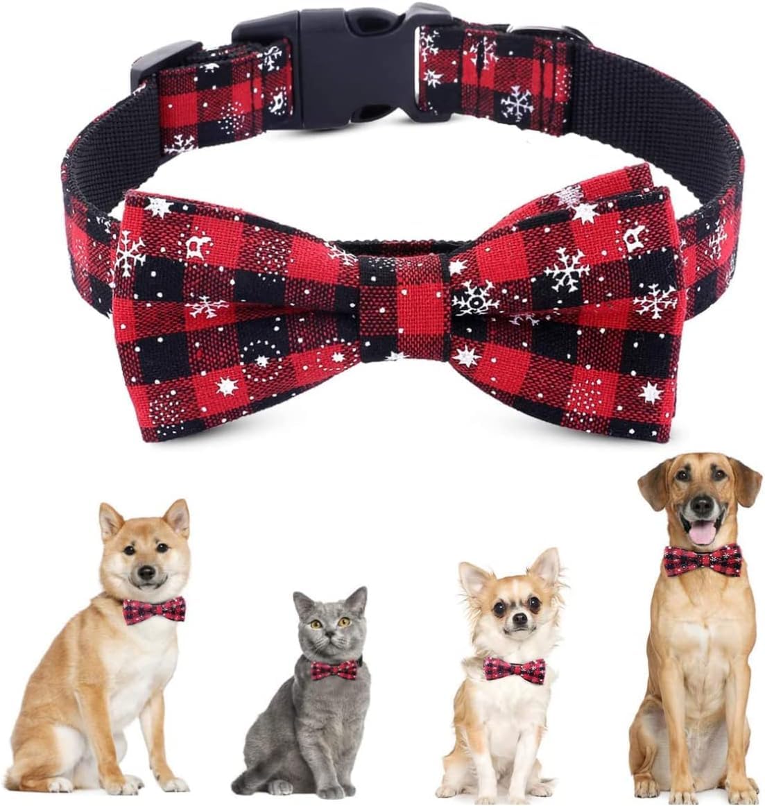 ZTA Dog and Cat Collar with Bowtie Red Grid Snowflakes Christmas Collars Plastic Buckle Adjustable Collars for Medium Large Dogs (L)
