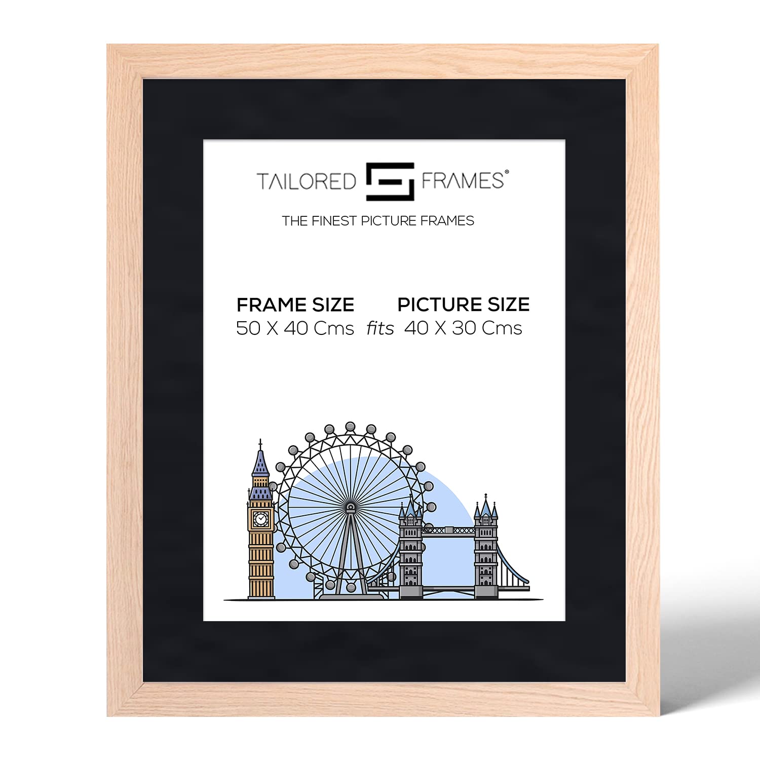 Tailored Frames 99 Solid Natural Oak 50 x 40Cm Frame for 30 x 40Cm Picture | Single Picture Frames | Wall Hanging Type | Photo Frame with Black Mount