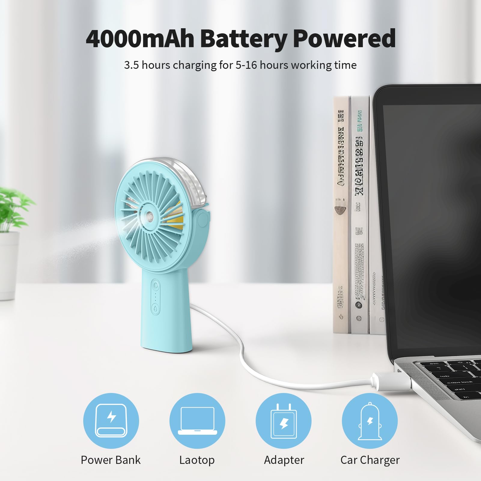 Otlonpe Handheld Misting Fan Portable, 4000mAh Rechargeable Small Personal Water Spray Hand Held Mist Fan Battery Operated, 90° Rotatable, Power Bank for Travel Home Office Men Women Kids (Blue)