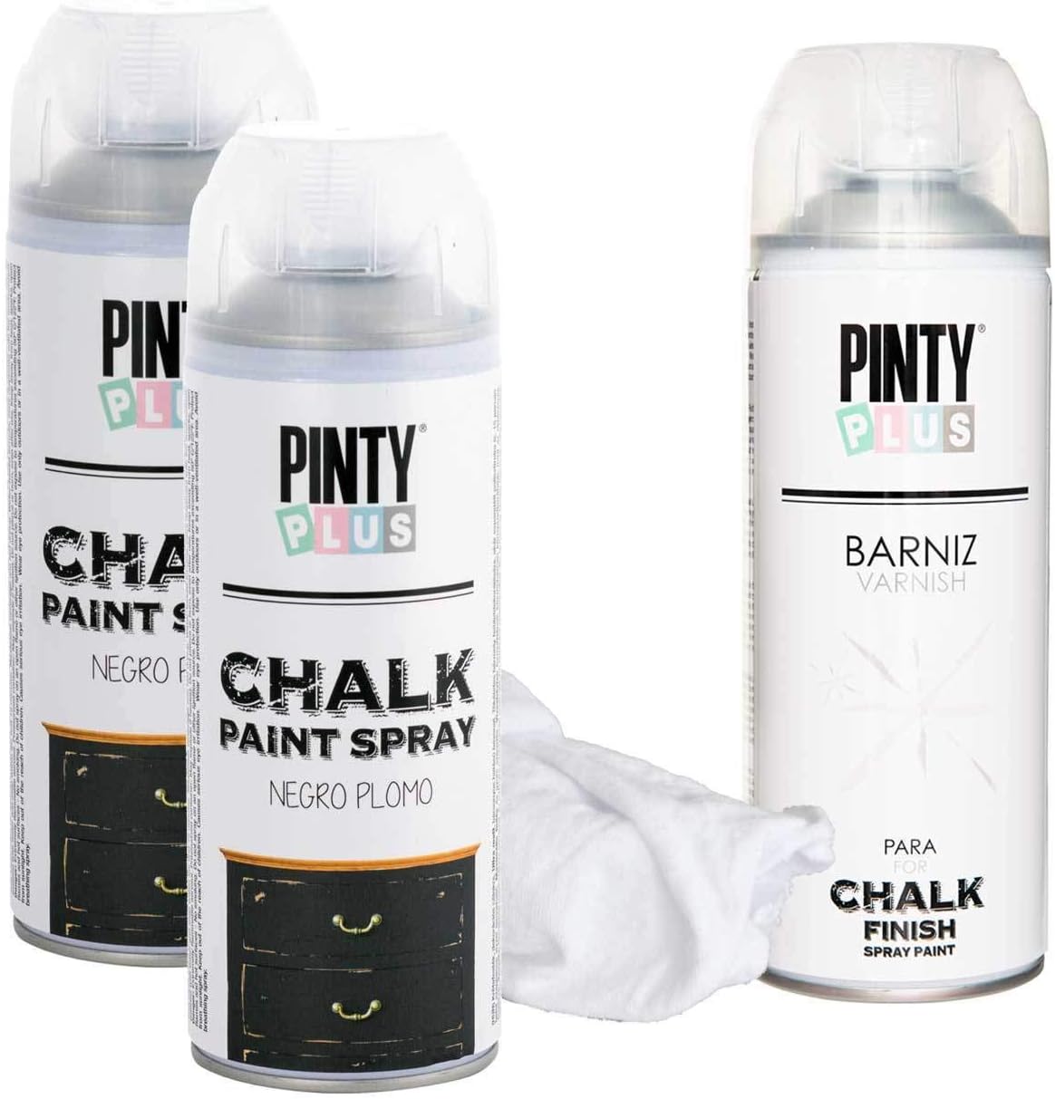Chalk Finish Spray Paint Kit, 2 Cans Color, 1 Can Spray Varnish (Matte Finish), & Cleaning/Polishing Cloth - Black Plumb (Charcoal)