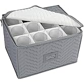LotFancy Wine Glass Storage Box with Dividers, Stemware Storage Case | Quilted Glassware Storage Container, for Champagne Flute &amp; Crystal Drinkware Storage, Service for 12, 15.5"x12.5"x10", Gray