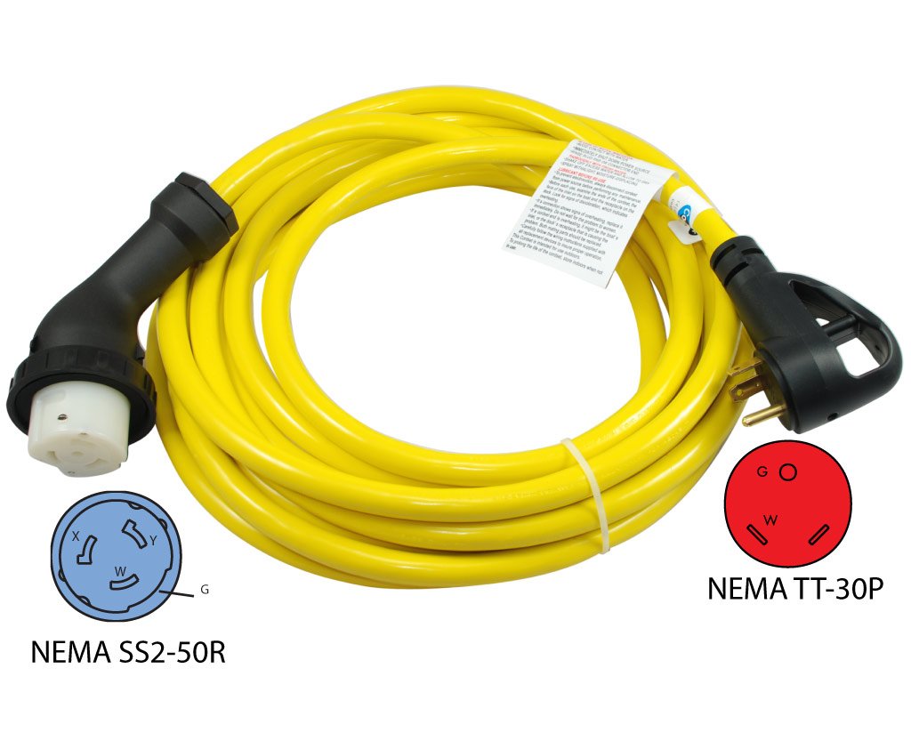 Conntek RV 30 Amp Male Plug to 50 Amp 125/250 Volt Locking Connector Cable with Glowing Strip (White, 25-Feet)