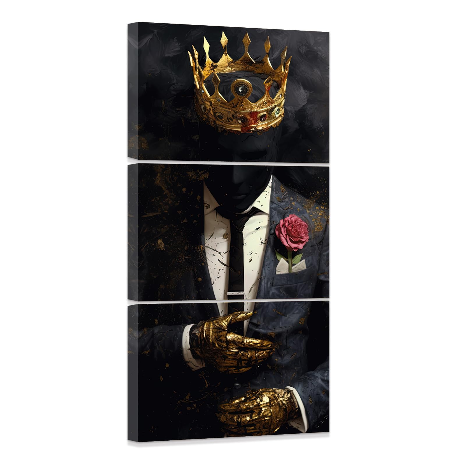 ZXHYWYM African American Wall Art 3 Piece Black Man Pictures Gold Crown Paintings Afro King Canvas Print for Living Room Bedroom Home Office Framed (D, (28x35cmx3))