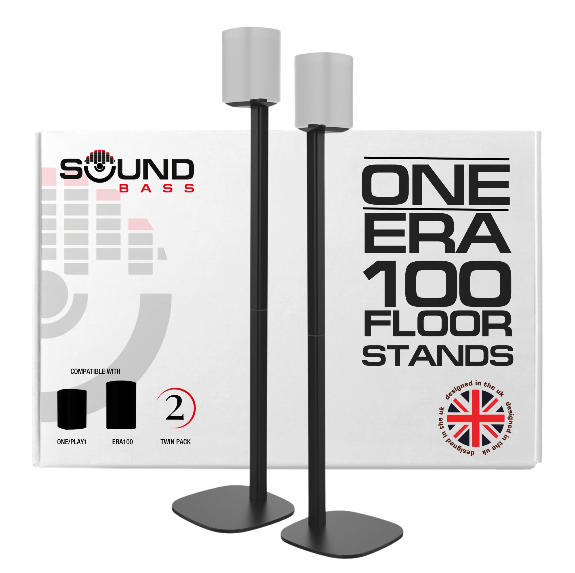One / ERA100 Floor Stand Twin Pack (2pcs), Black | Compatible with Sonos One, Gen 2, Play:1, SL | Future-Proof Design Also Compatible with ERA 100, Designed by Sound Bass UK. Double, Pair