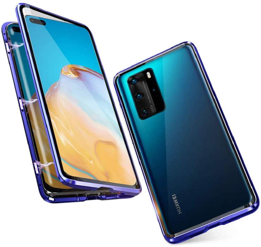Case for Huawei P40 Pro Cover,[Magnetic Adsorption][Metal Frame + Front and Back Tempered Glass Transparent]Flip Cover Ultra Thin Full Body Screen 360 Degrees Coverage Protective Case,Blue