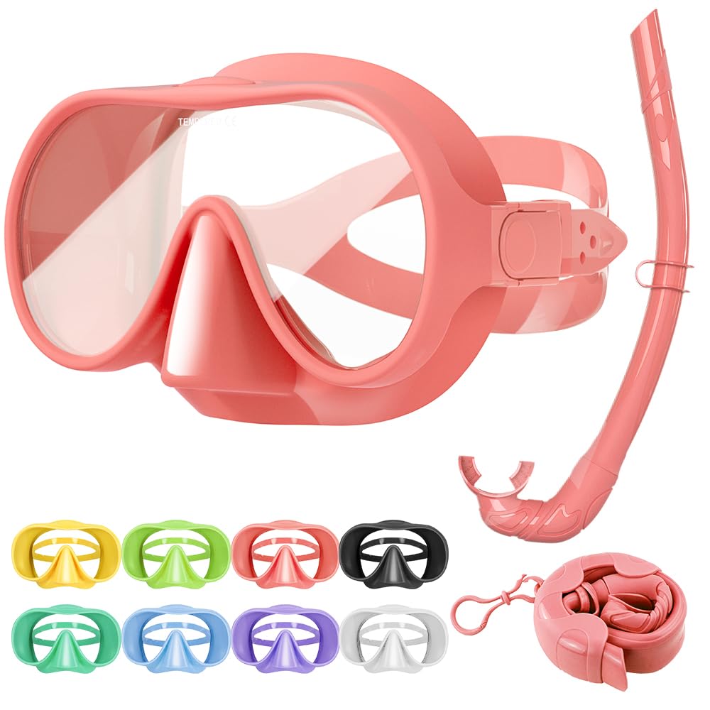 Tyuodna Snorkel Mask,Frameless Snorkeling Mask Adult & Junior,Diving Mask in Macaron Colors,180° Wide View,Nano Anti-Fog & Anti-UV Scuba Mask for Diving, Snorkelling and Swimmin (Pink+Snorkel)