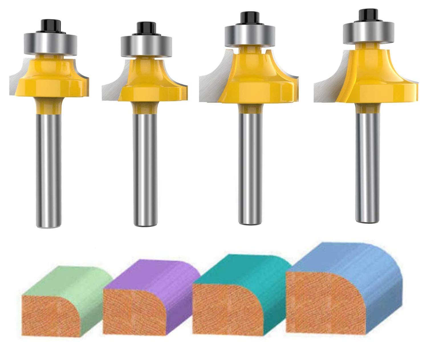 1/4 Inch Shank Roundover Edging Router Bit Set, APlus Corner Rounding Edge Forming Bit Set, Woodworking Milling Cutter Tools 1/8", 1/4", 3/8", 1/2" Radius (4 Pack)