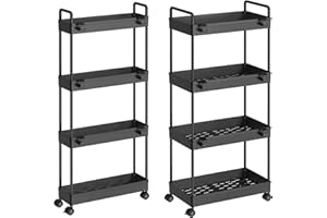 LING RUI 2 Pack 4 Tier Slim Storage Cart, Bathroom Organizer Laundry Room Organization Mobile Shelving Unit Slide Out Utility Rolling Rack with Wheels for Kitchen Garage Office Small Apartment Narrow Space