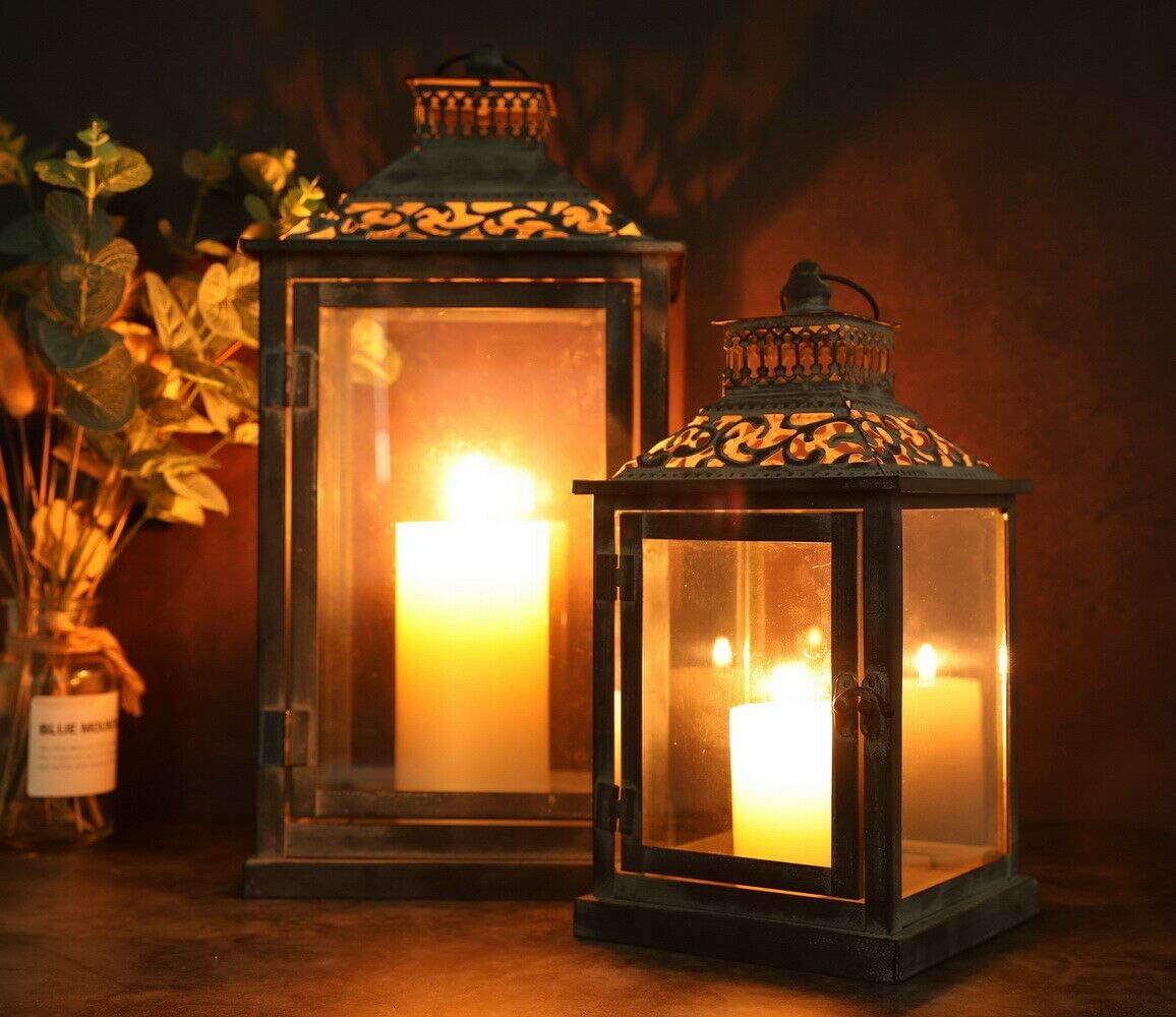 JHY DESIGN Set of 2 Antique Grey Brush Decorative Lanterns, Metal Candle Lanterns for Indoor Outdoor, Events, Paritie and Weddings Vintage Style Hanging Lantern: Furniture & Decor