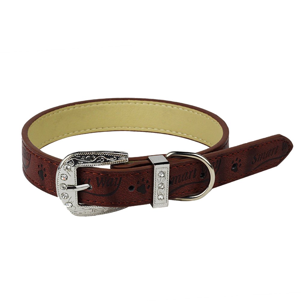Nuheby Leather Dog Collar Strap Adjustable Soft Sturdy Pet Collars Buckle with Diamond Deluxe Well-Designed 21 Inches Long x 1 Inch Wide for Female Male Dogs (Brown)