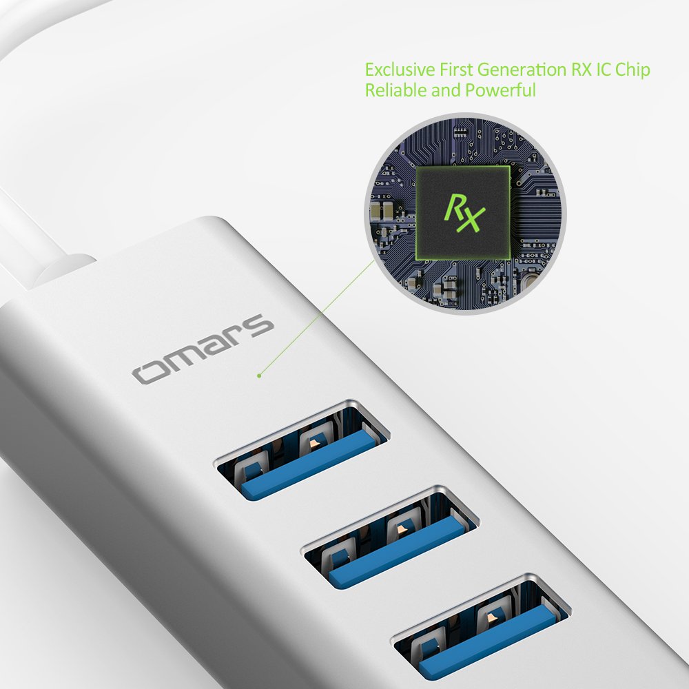 OMARS Hub USB C a 3 porte USB 3.0 con adattatore Ethernet per i dispositivi USB Tipo C inclusi il New Macbook, Macbook Pro 2016, ChromeBook Pixel 2015 e altri (3 * USB3.0 + Ethernet)