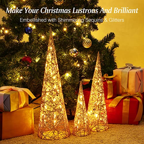 Lewondr Christmas Cone Trees, Set of 3 Christmas Tree with Lights and
