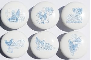 PRESTO WALL DECALS Country Chicken and Roosters Drawer Knobs Pulls in Blue Toile/Ceramic Dresser, Cupboard or Cabinet Pulls for Kitchen or Children's Nursery Room Decor