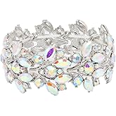 Lavencious Intricate Leaf Design Crystal Stretch Bracelet Bridal Wedding Jewelry for Women 7"