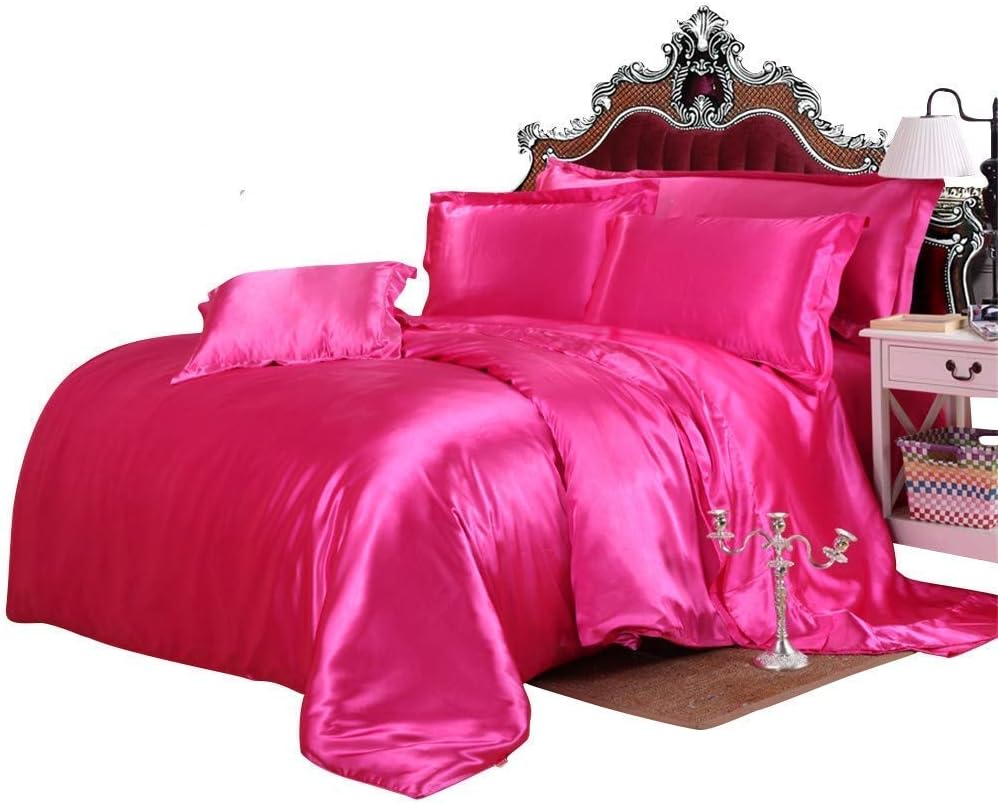 SLEEPIFIC Ultra Soft Luxurious Silk Like Satin 7-Piece Comforter Set (Comforter + Flat Sheet + Fitted Sheet + 4 Pillow Cases), Hypoallergenic Durable Comfort Bedding Set, Hot Pink, Cal. King