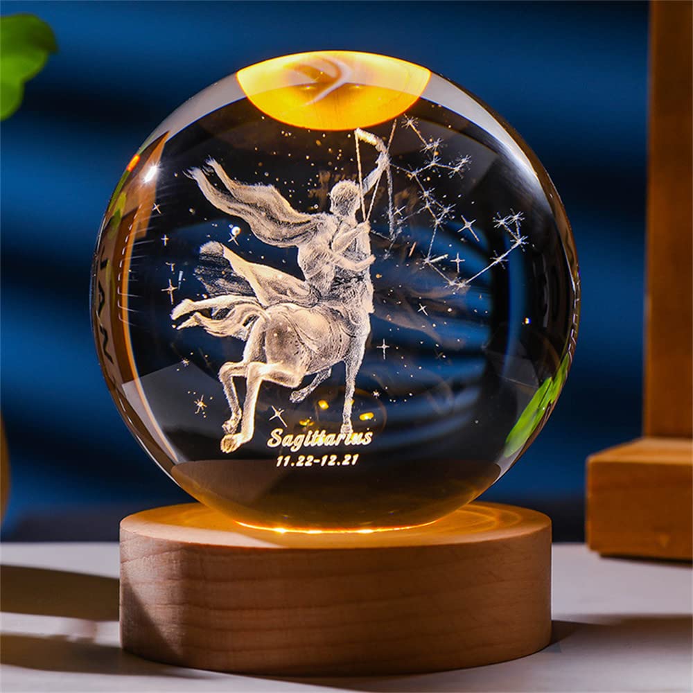 Besot Laser Engraved Zodiac Sign Crystal Ball Miniature 3D Crystal Craft Decoration Glass Sphere Home Decoration Accessories Gift (Sagittarius, 3.15 Inches)