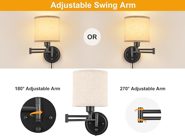 PLUG IN WALL SCONCES WITH REMOTE CONTROL, DIMMING 10%-100% & ADJUSTABLE COLORS 2700K-6500K, HARDWIRE OR PLUG-IN, SWING ARM WALL LAMP WITH LINEN FABRIC SHADE, WALL SCONCES SET OF TWO, BLACK FINISH