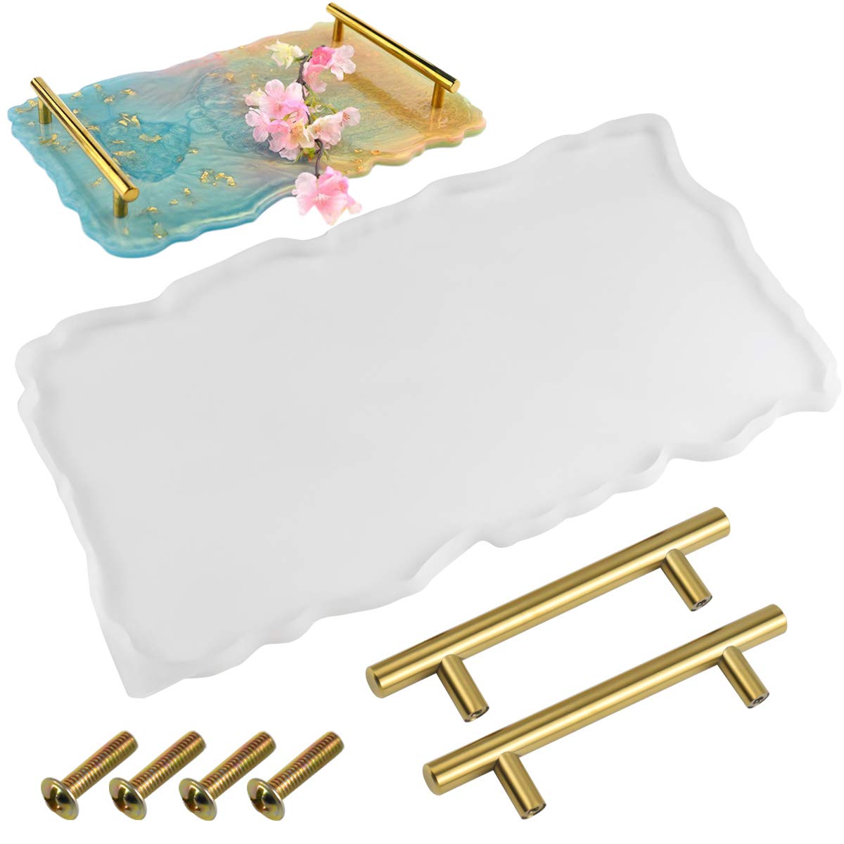 Silicone Resin Moulds Serving Tray Mold Geode Agate Mould with 1 Epoxy Resin Mould 2Pcs Gold Handles Large Resin Casting Moulds for DIY Craft Making Resin Fruit Tea Tray Serving Board