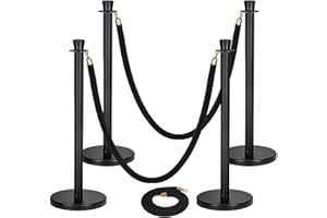 PGCOKO 4 Pack Black Stainless Steel Stanchion Post and 3 Pack 5 FT Black Velvet Ropes and Stanchion Poles Set Crowd Control Barriers with Fillable Base Used for Party Wedding Theaters Red Carpet
