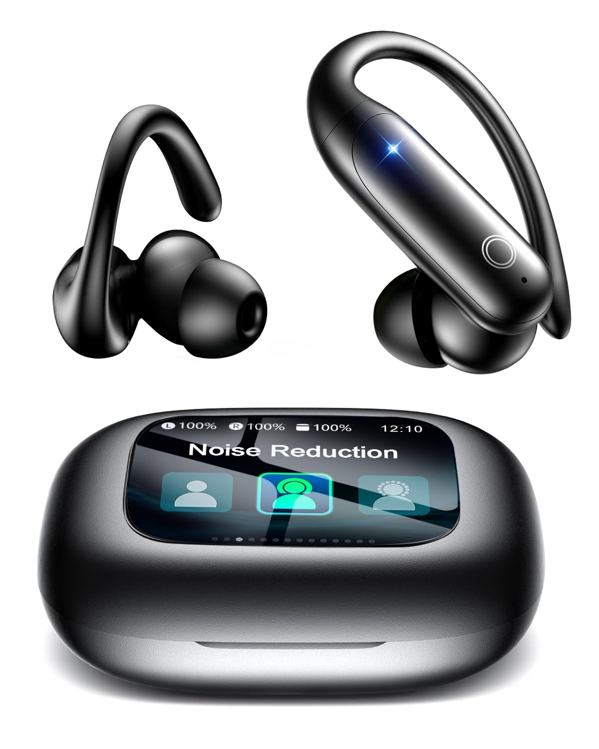 LEEMC All-in-One 6.0 Ear Buds with Touch Screen,Noise Cancelling, 40H Bass Stereo Sound & Clear Calls Over-Ear Earphones for iOS Android, Black
