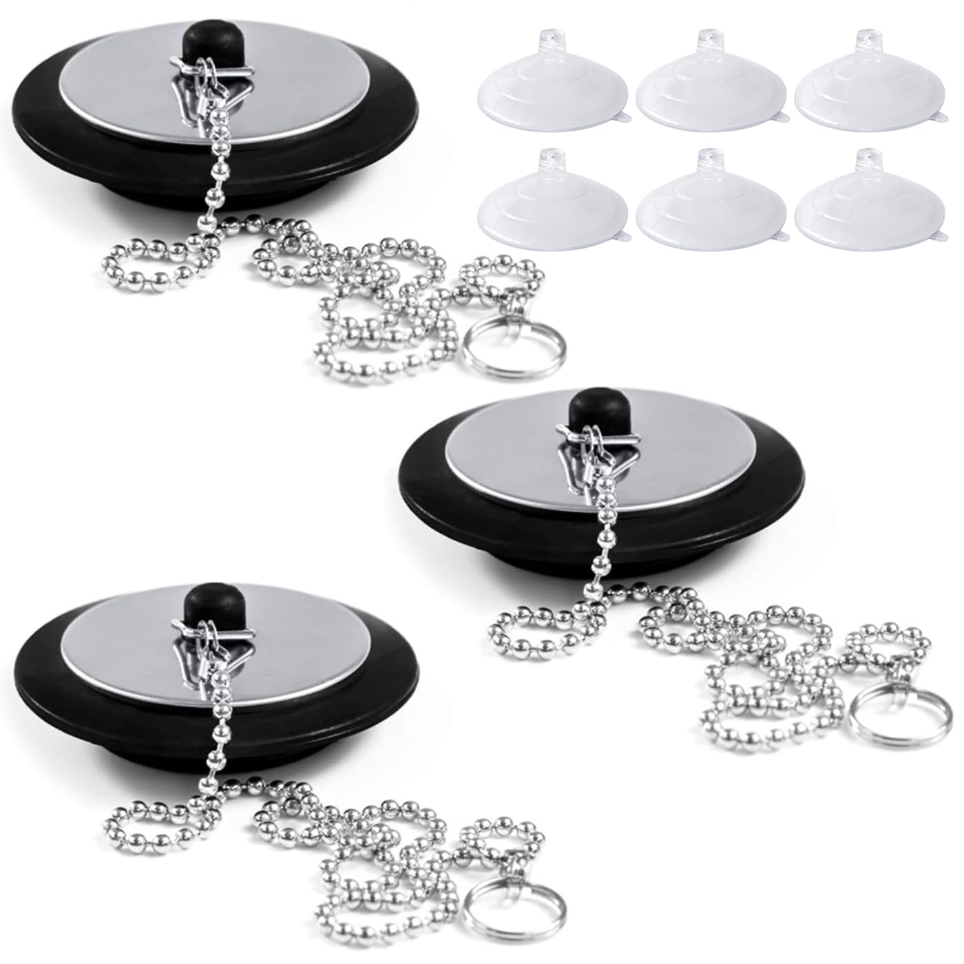 SSKHE Universal Bath Plug,3 Pcs Sink Plug Replacement with Stainless Steel Chain,Pop Up Drain Stopper Plug Cover Trap Strainer for Bathroom Kitchen Black with 6 Pcs Sucker(1.65in To 1.77in)