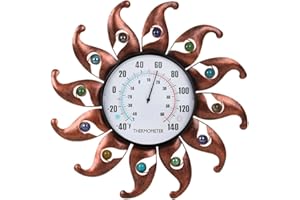 VEWOGIFT VEWOGITF Sun Outdoor Thermometer, Copper Wall Thermometer No Need Battery, 13.5" Dia Metal Indoor Thermomter with Beads Decor for Patio Home Room
