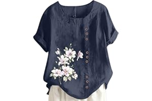 GENERIC Cotton Linen Tops for Women 2024 Crew Neck Roll Up Short Sleeve Tshirt Trendy Floral Print Blouses Casual Loose Fitted Shirts
