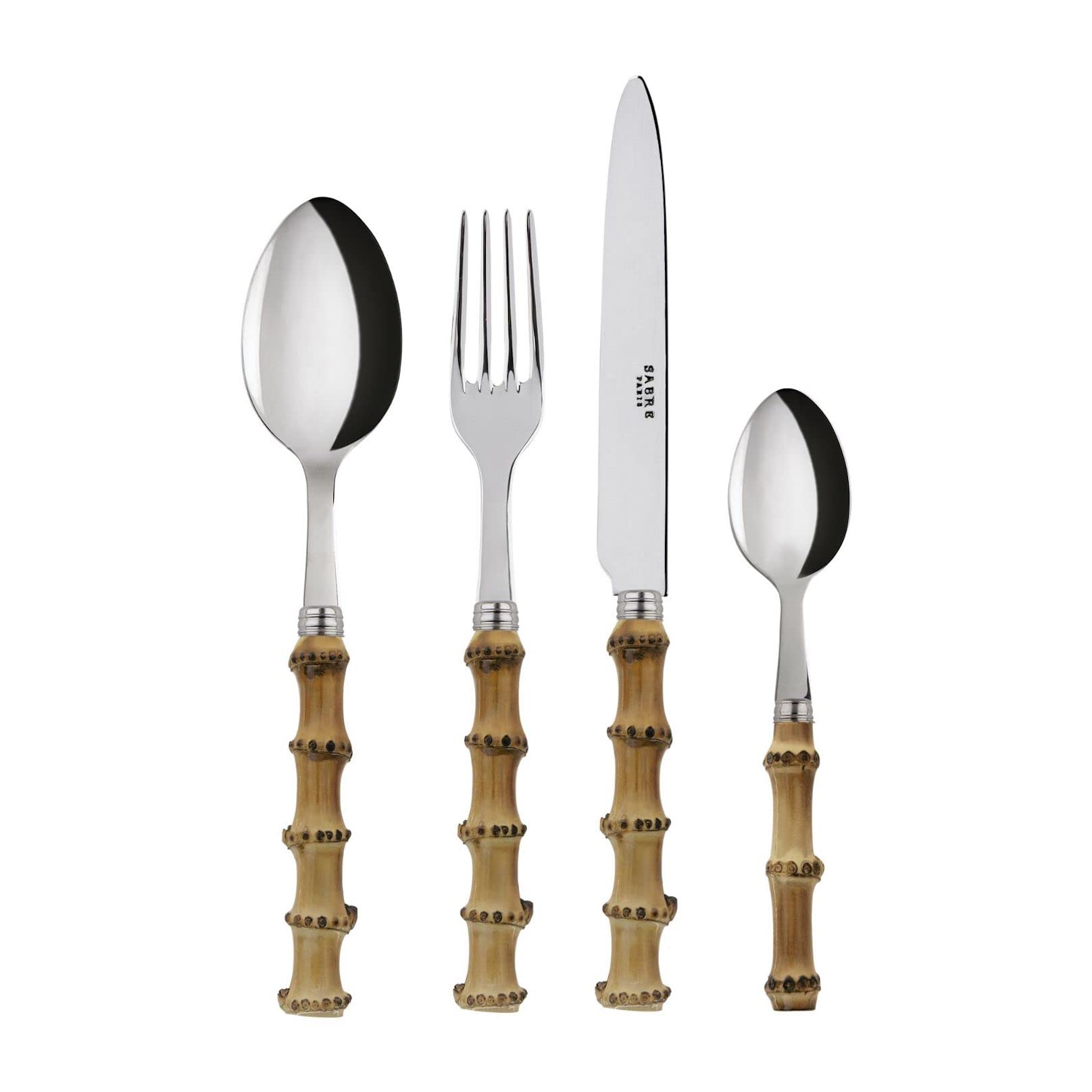 SABRE PARIS - 4-Piece Flatware Cutlery Set - Panda Collection - Knife, Fork, Tablespoon & Teaspoon - Stainless Steel & Bamboo Wood Handle - Brilliant Finish