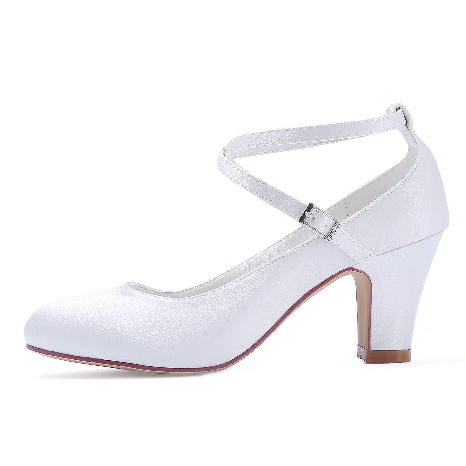 ELEGANTPARK Women Pumps Closed Toe Block Heel Buckle Satin Bridal Wedding Shoes - Image 3