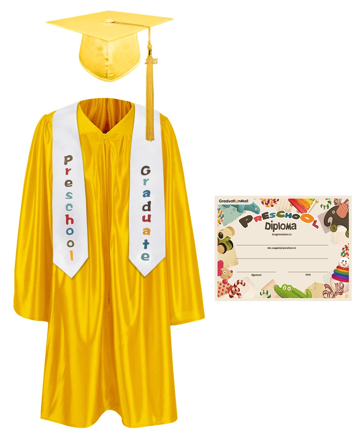 Photo 1 of GraduationMall Preschool Graduation Cap Gown Stole Package with 2025 Tassel, Certificate Gold Small 27(3'6"-3'8")