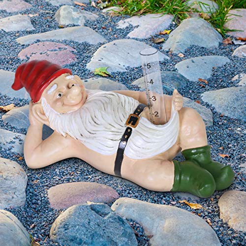 Exhart Gnome Statue w/Functional Rain Gauge Funny, Naked Gnome Statue