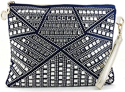 Multi Rhinestone Large Wristlet Clutch w/ Strap by Joseph D Arezzo- Denim Gold