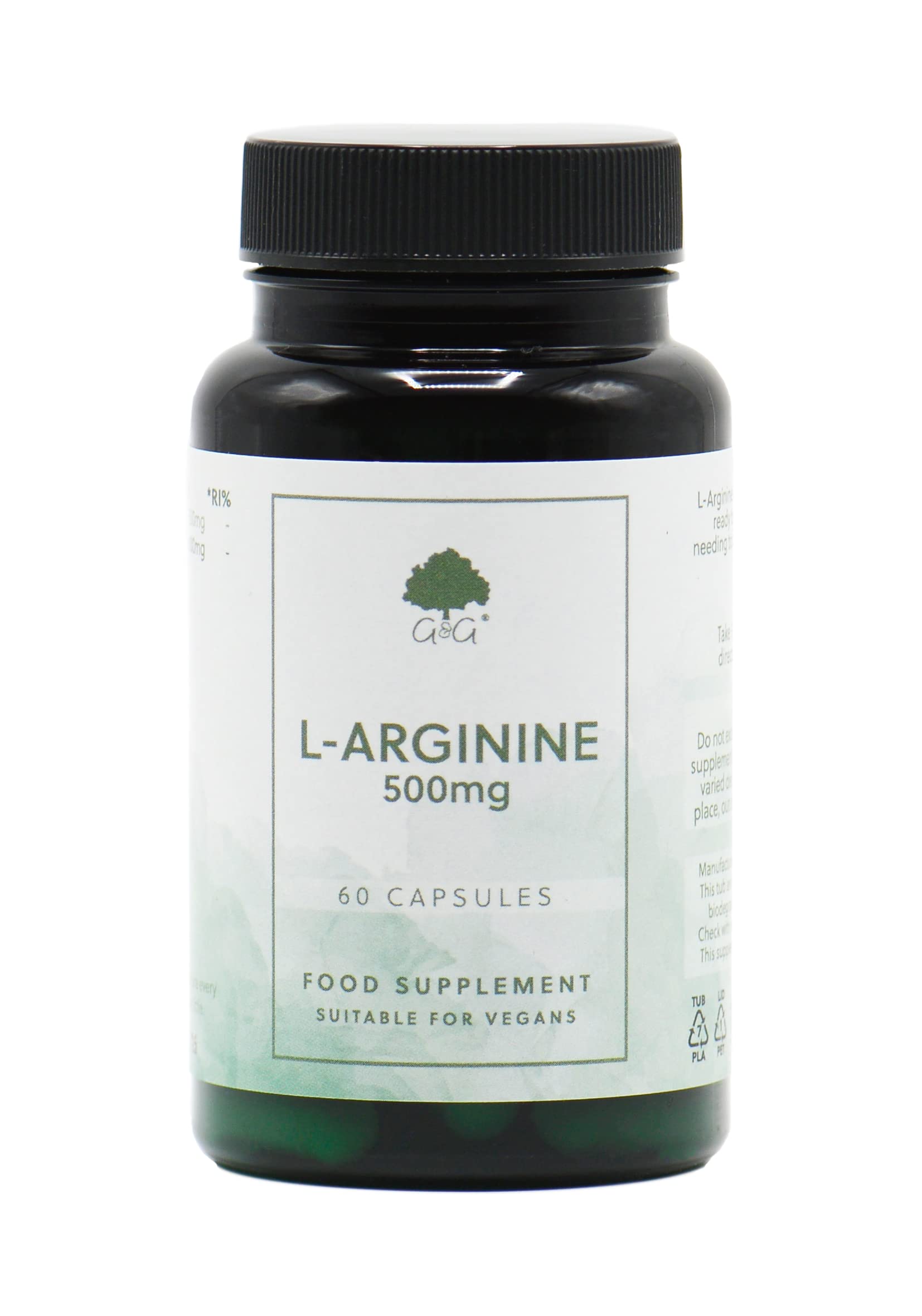 L-Arginine Capsules - 500mg Free Form L-Arginine - Amino Acid - 60 Vegan Capsules - Non-GMO, Made in The UK - G&G Vitamins