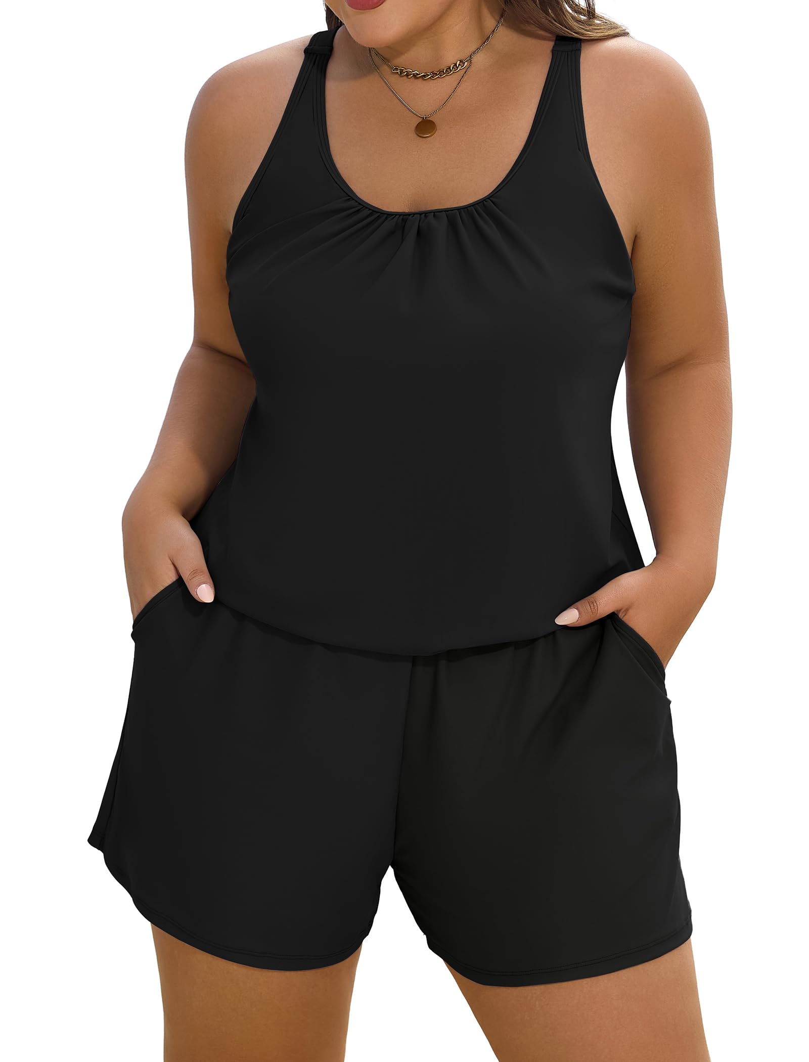 Photo 1 of Arolina Women's Plus Size Swim Romper One Piece Swimsuits Modest Bathing Suit with Shorts Black