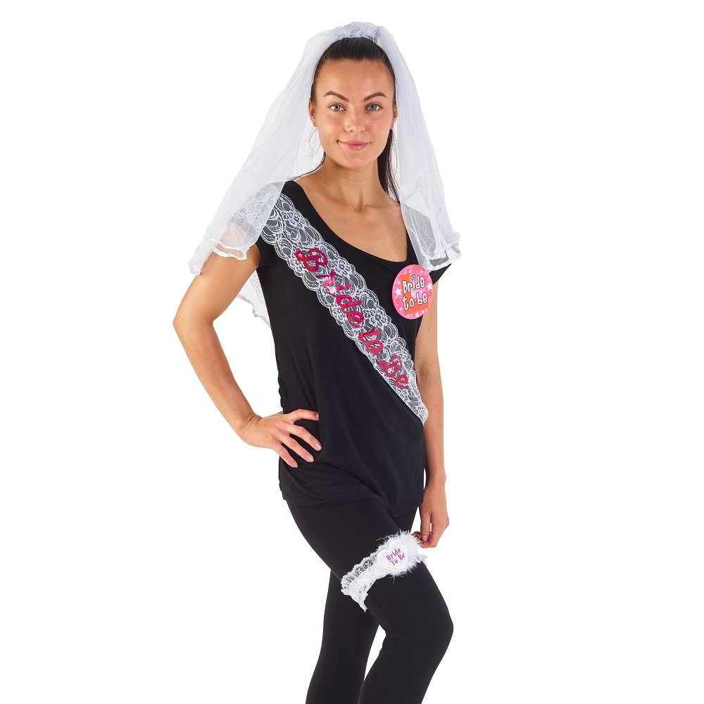 Hen Party Accesories Bride to Be - 4 piece set Hen Do Games Decorations Veil Badges Sash Garter