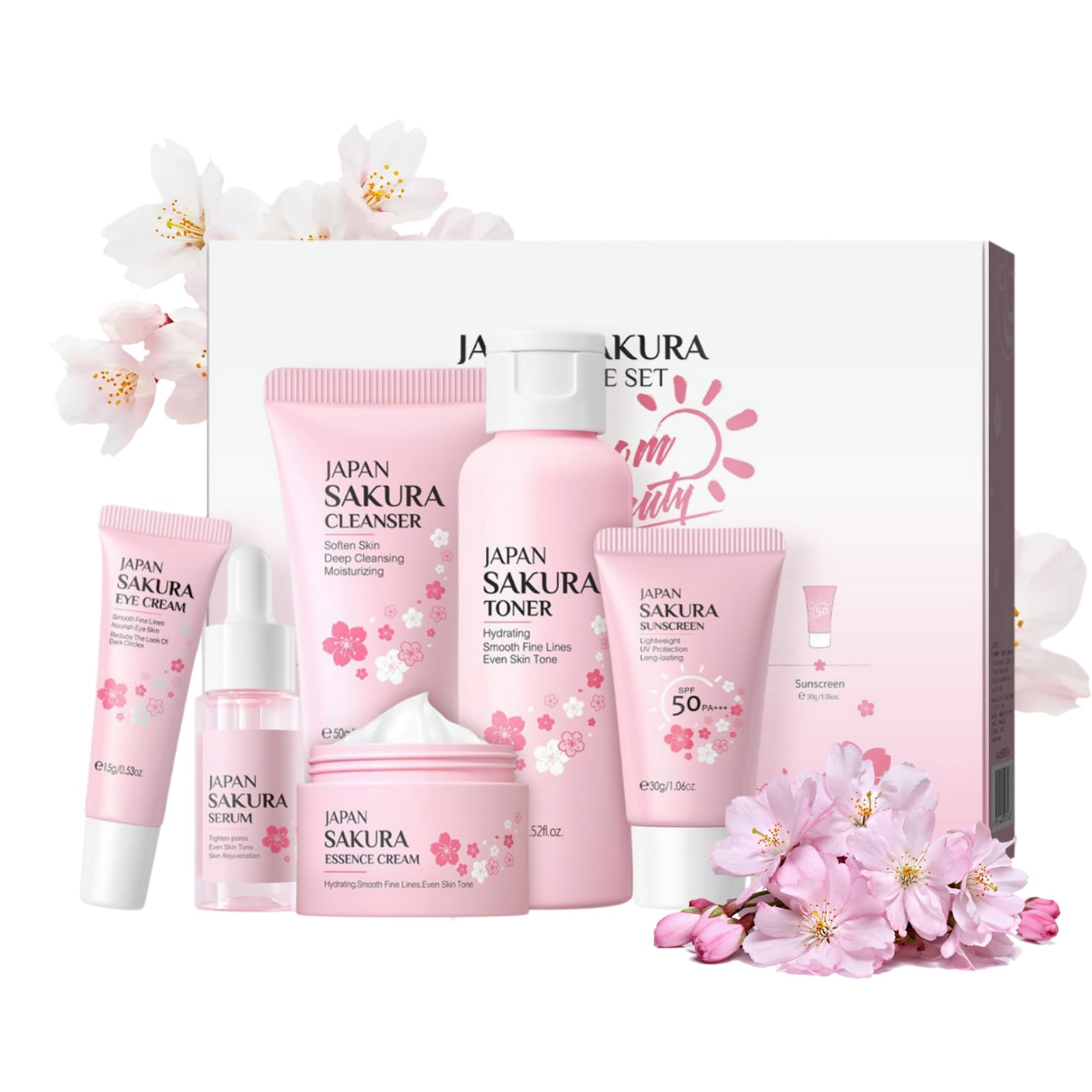 Sakura Skin Care Sets & Kits for Teenage Girls, 6 Piece Cherry Blossom Skincare Gifts Set, Skin Cleaning & Care Kit with Cleanser, Toner, Serum, Eye Cream, Face Cream, Sunscreen