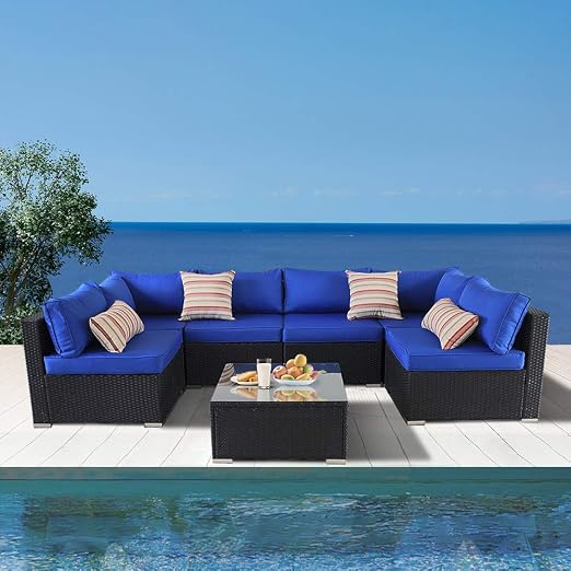 Amazon Com Outime Patio Furniture Sofa Outside Couch Pe Black Wicker 7pcs Garden Sectional Rattan Sofa Set Conversation Sets Party Sofa Royal Blue Cushion Kitchen Dining