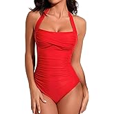 Smismivo Tummy Control Swimwear Halter One Piece Slimming Vintage Retro Swimsuit Womens Ruched Push Up Bathing Suit