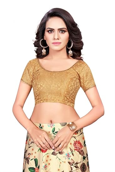 Pinal Fashion Women's Silk Brocade Fabric - Double Stitched, Round Neck, Non Padded Saree Blouse (Golden, Size: 32)