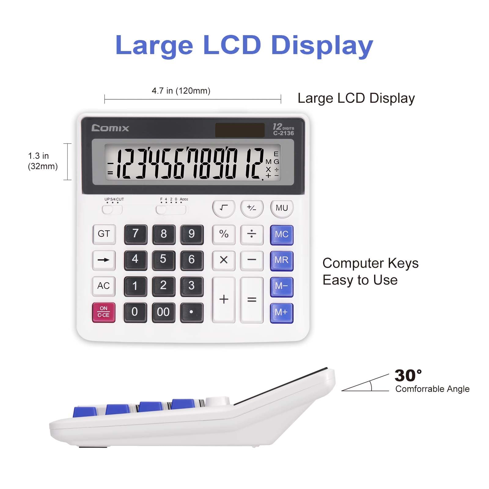 Comix Desk Calculator, 12-Digit Large LCD Display and Big Computer Keys, Solar Battery Dual Power, Desktop Calculator for Home Office School C-2136