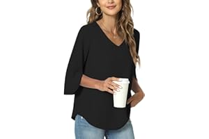 TAOHUADAO Womens 2025 Summer 3/4 Sleeve Tunic Tops Chiffon Work Blouse V-Neck Dressy Casual Shirt