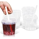 UMETASS Clear Plastic Cups with Lid and Straw, Reusable Drink Bucket with Handle for Iced Coffee, Smoothie, Ice Cream - Sturdy Food Safe Party Cups for Pool, Beach, Birthday Parties (8, 32 oz)